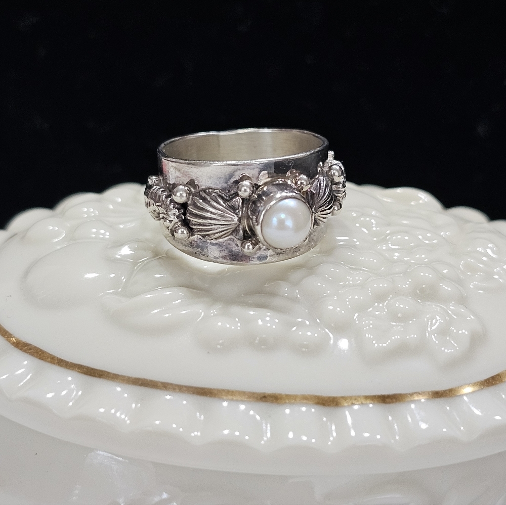 Carol Felley Sterling Silver and Pearl Seashell Ocean Ring Size 7 RARE Vintage - Picture 6 of 14